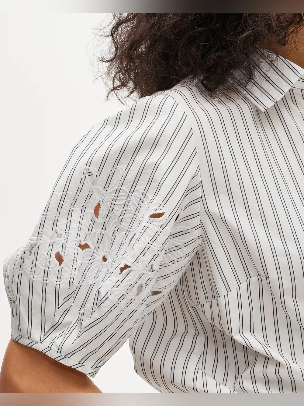 J.Crew Eyelet puff-sleeve shirt in striped cotton poplin in ivory blue